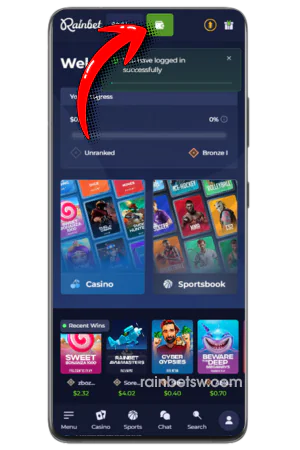Rainbet insättningsknapp i navigeringsmeny