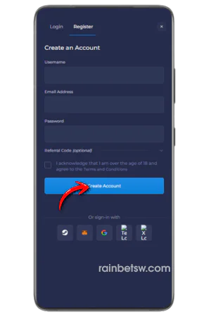 Rainbet registreringsformulär med fält