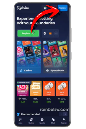 Rainbet registreringsknapp på startsidan